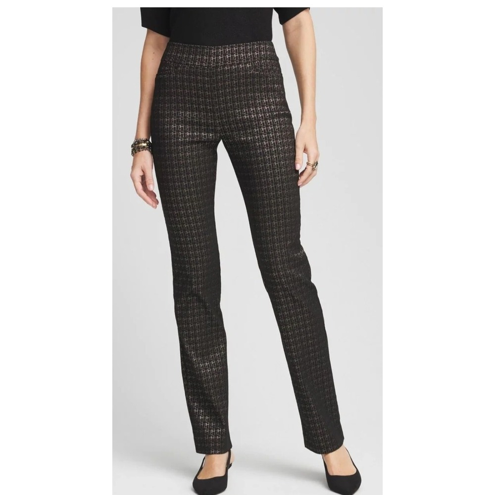 Chicos 3R Petite Houndstooth Metallic Black Bronze Slim Leg‎ Pants